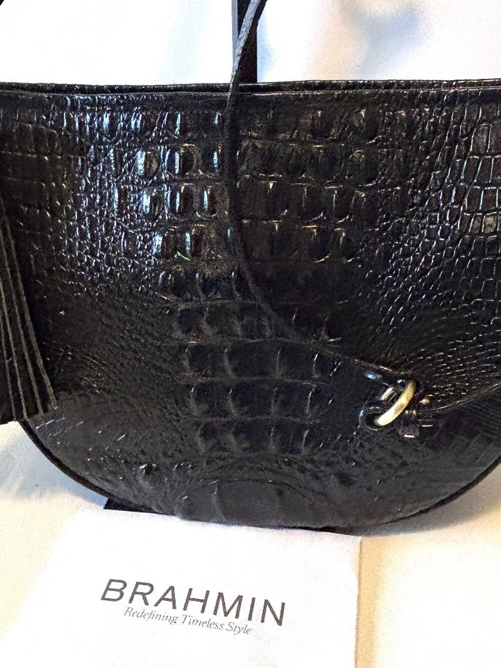 Brahmin Black Croc-Embossed Leather Shoulder Bag